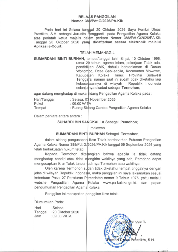 PANGGILAN IKRAR TALAK PERKARA 388_Pdt.G_2026_PA.Klk_001.png
