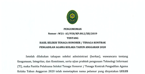 Pengumuman Hasil Seleksi Tenaga Honorer/ Tenaga Kontrak Pengadilan Agama Kolaka Tahun Anggaran 2020